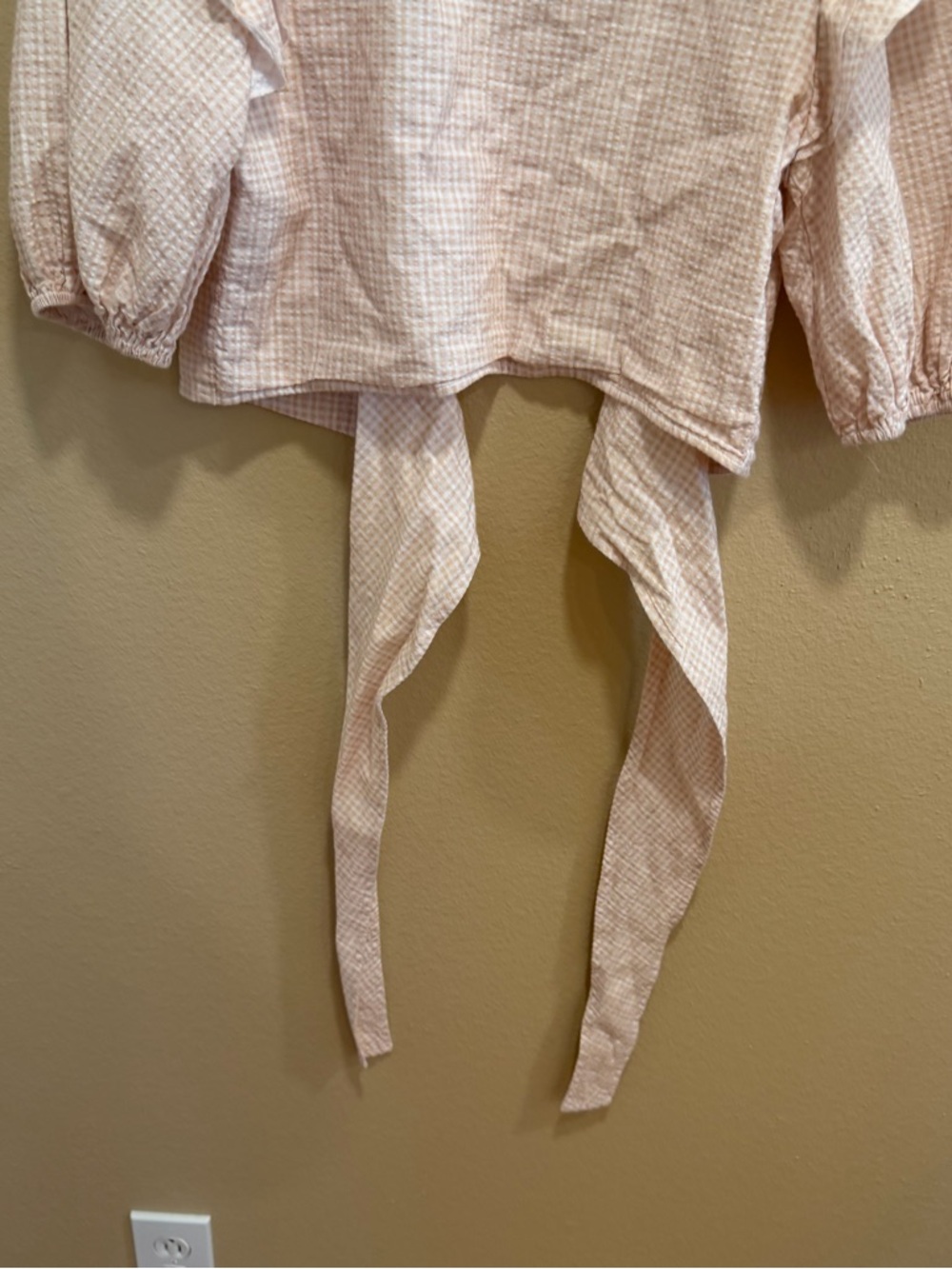 Anthropologie Charlie Holiday Gingham Tie-Front Puff Sleeve Crop Top in Beige S - Picture 7 of 11